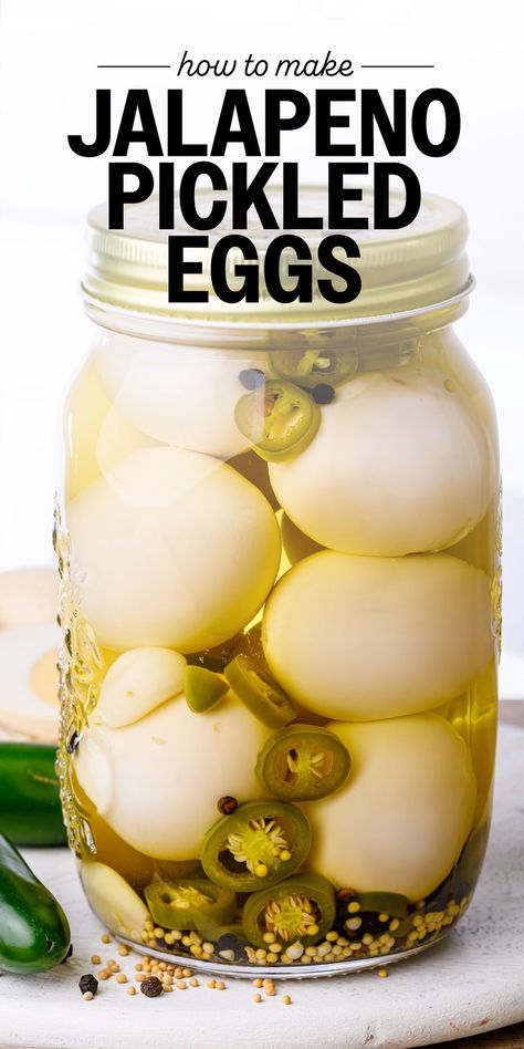 These spicy, addictive jalapeno pickled eggs are so easy to make! There's no canning required and they can be kept in the refrigerator. Sweet And Spicy Pickled Eggs, Hot Pickled Eggs, Jalapeno Pickled, Pickling Veggies, Best Pickled Eggs, Beet Eggs, Spicy Pickled Eggs, Picked Eggs, Pickled Quail Eggs