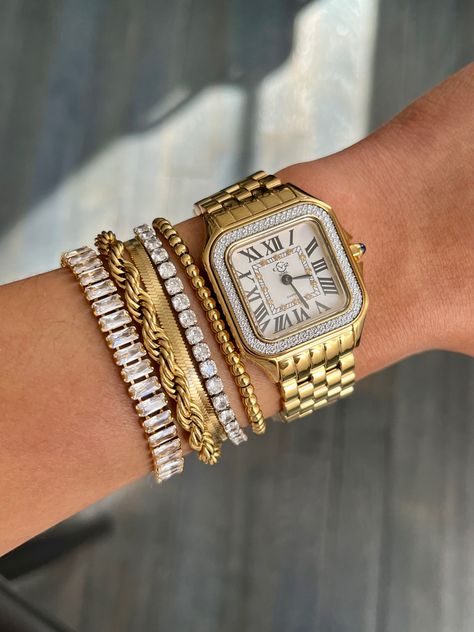 Classy Jewelry Stack, Hand Stacking Bracelet, Fine Jewelry Bracelet Stack, Gold Watch Bracelet Stack, Vintage Bracelet Stack, Gold Bracelet Stack With Watch, Gold Watch And Bracelet Stack, Gold Jewelry Quotes, Hold Jewelry Aesthetic