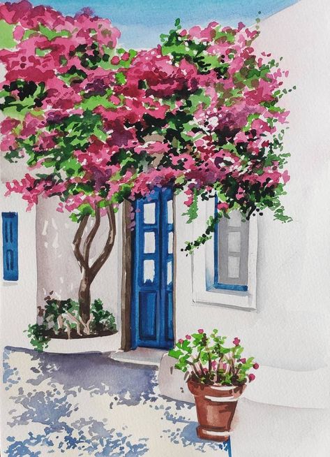 Greece Watercolour Painting, Greece Watercolor Painting, Greece Drawing, Greece Watercolor, Landscape With Flowers, Greek Landscape, Acrylic Paint Ideas, Greece Landscape, Watercolor Painting Landscape