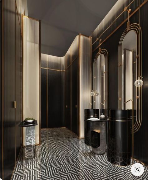 Art Deco Toilet, Interior Design Toilet, Public Restroom Design, Mansion Rooms, Commercial Space Design, Mirror Interior Design, Wc Design, Restroom Design, Interior Design Renderings