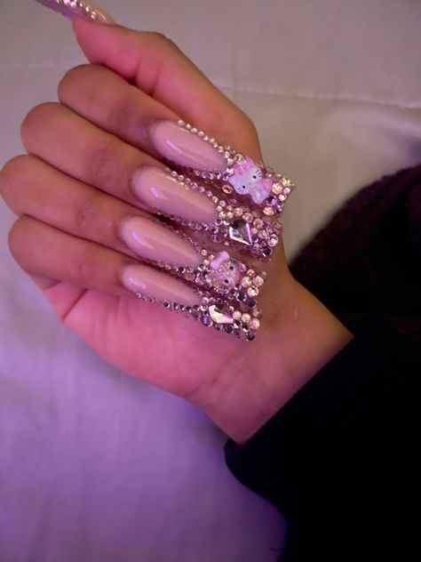 Bling French Tips Nails, Hello Kitty Diamond Nails, Pink French Tip Nails Diamonds, Pink Nails Bling Rhinestones, Lavender Rhinestone Nails, Bling Out French Tips, Hello Kitty Nails With Gems, Blinged Nails Rhinestones, Blinged Out Nails Rhinestones Pink