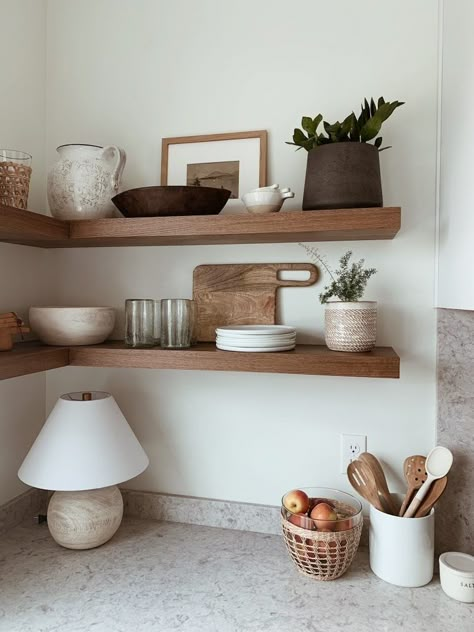 Buffet Shelves Above, Open Shelve Decor Kitchen, How To Style Floating Shelves Dining Room, Wallpaper Behind Floating Shelves Kitchen, Styling Open Bar Shelves, Wooden Floating Shelves In Kitchen, Floating Shelf Styling Kitchen, Staging Open Kitchen Shelves, Mcgee And Co Kitchen Shelves