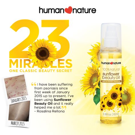 Sunflower Beauty Oil 100% Natural | Hypoallergenic | Bestseller 100ml - P274.75 50ml - 149.75 Experience 23 miracles of the sunflower gold. ‪#‎humannaturemnl‬ ‪#‎naturalproducts‬ ‪#‎crueltyfree‬ ‪#‎wedeliver‬ ‪#‎switchtogoodness‬ ‪#‎buy1000getfreedelivery‬ Sunflower Oil Benefits, Dark Undereye, Dry Itchy Scalp, Lighten Dark Spots, Pimple Marks, Dark Circles Under Eyes, Dark Under Eye, Chicken Skin, Beauty Oil