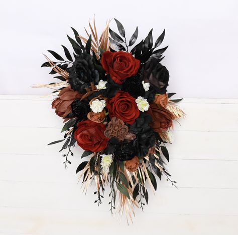 "Black rust gold brown wedding bouquet black rust gold terracotta bouquet gothic black rust gold bouquet black gold rust terracotta vampire wedding The photo shows a Bridal bouquet XL ( 29\"* 17\" ) The bouquet consists of fabric flowers. Bridesmaids bouquet: Approximate Length: 12\" Approximate width: 8\" Bridal bouquet: Approximate Length: 20\" Approximate width: 16\" The normal time of air delivery: ♥ -USA- 14-30 day ♥ -Europe- 12-20 day ♥ -Canada, Australia- 10-30 day Usually 10-17 business Rust Gold Wedding, Brown Wedding Bouquet, Copper Wedding Flowers, Wedding Bouquet Black, Terracotta Bouquet, Brown Wedding Themes, Gold Wedding Bouquets, Romantic Wedding Colors, Vampire Wedding