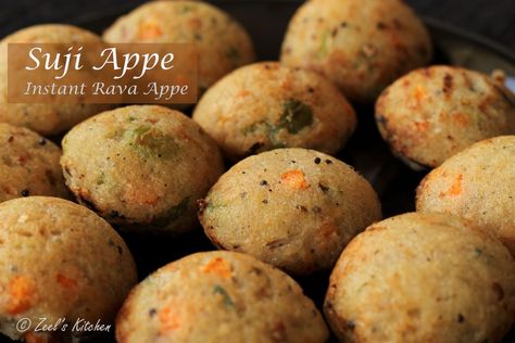 Suji Appe | Instant Rava Appe Recipe | Zeel's Kitchen Appe Recipe Indian, Rava Appe, Appe Recipe, Pancake Balls, Appam Recipe, South Indian Breakfast Recipes, South Indian Breakfast, Peanut Chutney, Garlic Chutney