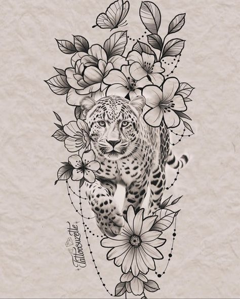 Animal And Flower Tattoos For Women, Cheetah Floral Tattoo, Leopard Sleeve Tattoo, Tattoo Suzette, Tattoo Leopard, Animal Sleeve, Jaguar Tattoo, Lion Mandala, Flower Thigh Tattoos