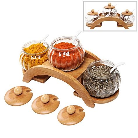 Spice Jar Set, Glass Spice Jars, Tiered Serving Trays, Condiment Sets, Spice Containers, Clear Glass Jars, Ceramic Spoons, Flute Glass, Wood Display