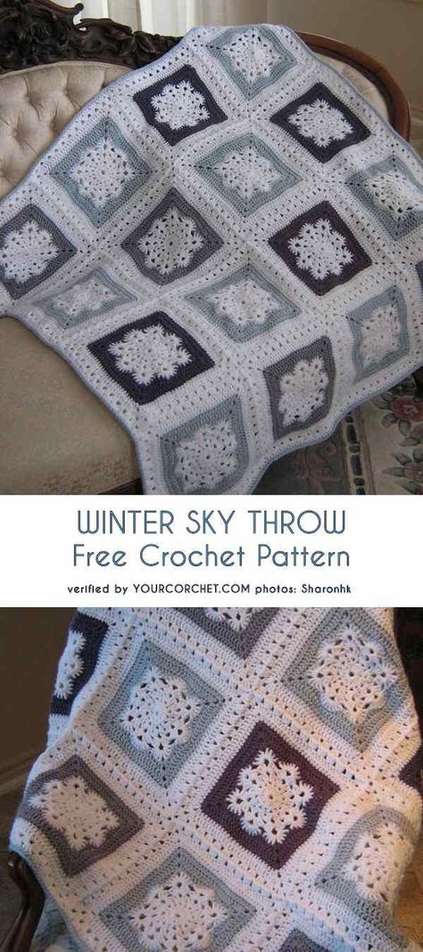 Winter Sky Throw Free Crochet Pattern Granny Square Häkelanleitung, Winter Blanket, Crochet For Beginners Blanket, Crochet Granny Square Blanket, Winter Sky, Crochet Snowflakes, Manta Crochet, Haken Baby, Crochet Patterns Free Blanket