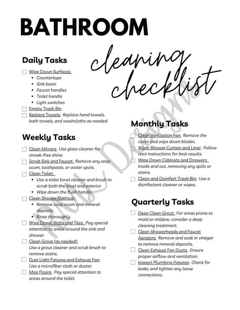 How To Clean Bathroom, Housecleaning Checklist, Bathroom Essentials Checklist, Bathroom Maintenance, Bathroom Checklist, Bathroom Cleaning Checklist, Wash Shower Curtain, Daily Cleaning Checklist, Maintenance Routine