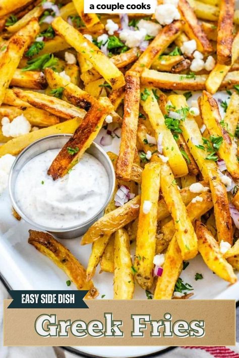 These crispy Greek fries are the ultimate side dish! Topped with feta cheese, onion, and herbs, they bring a Mediterranean flair to any meal. Pop over to our site for the recipe! Greek French Fries, Greek Fried Feta With Honey, Greek Fries With Feta, Greek Inspired Feta And Cauliflower, Greek Fries, Mediterranean Diet Snacks, Vegan Recipes Plant Based, Vegan Snack Recipes, Vegan Party Food