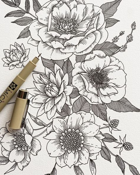 Peonies, anemone, dahlia, scabiosa and greenery ✨ Anemone Dahlia, Anemone Tattoo, Painted Window Art, Wreath Tattoo, Wood Anemone, Ink Drawings, Window Art, Window Painting, Floral Illustrations