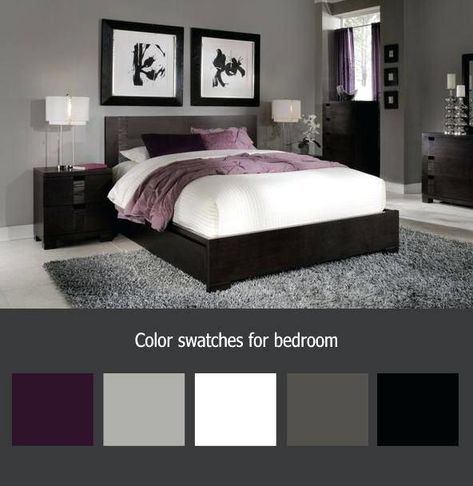 Bedroom Schemes, Furniture Color Schemes, Purple Bedrooms, Dark Furniture, Bedroom Accent, Black Bedroom, Wall Stencil, Bedroom Color, Trendy Living Rooms