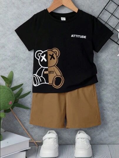 Cute Nike Outfits, Cool Outfits For Men, Easy Trendy Outfits, Kids Clothes Boys, Cartoon Bear, Shorts Casual, Boys Set, Boys Clothes Style