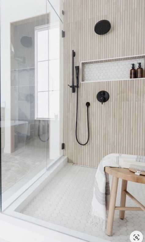 TREND ALERT: Wood Tile on Walls - Beneath My Heart Shower Hexagon Tile, Tile Niche, Vertical Tile, Wood Wall Tiles, Hexagon Tile, Master Shower, Shower Niche, White Shower, Bathroom Inspiration Decor