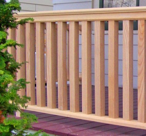 Square Balusters with custom porch rail Front Porch Wooden Railing Ideas, Wooden Rails Front Porch, Small Front Porch Railing Ideas Craftsman Style, Balusters Wood, Log Cabin Porch Railing, Craftsman Porch Railing Wood, Pine Tree Garden, Baluster Ideas, Decking Balustrade