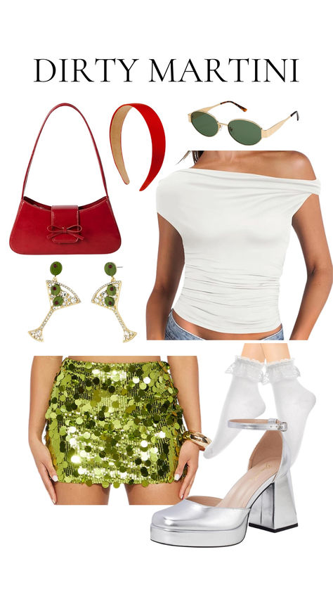 A fun and unique DIY Dirty Martini Halloween costume, featuring a sequin olive green mini skirt, martini glass earrings, silver platform shoes with lace socks, a red shoulder bag, a red headband, and green-tinted sunglasses. The off-shoulder white top completes this chic and creative cocktail-inspired look. Italian Party Costume, Espresso Martini And Dirty Martini Costume, Martini Costume Diy, Sparkly Skirt Halloween Costume, Sequin Skirt Halloween Costume, Spicy Margarita Costume, Espresso Martini Halloween Costume, Cocktail Inspired Outfits, Dirty Martini Halloween Costume