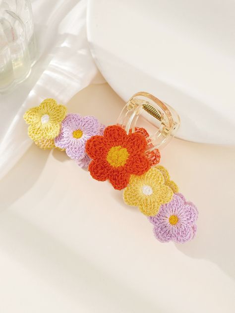 Multicolor Casual Collar  Plastic Floral Large Hair Claw Embellished   Women Accessories Crochet Hair Claw, Crochet Claw Clip, Hair Tinsel, Crochet Hair Clips, Crochet Flowers Free Pattern, Crochet Knit Stitches, Crochet Hair Accessories, Crochet Shop, Crochet Business