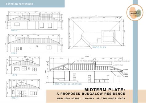 Longitudinal Section Architecture, Roof Detail Architecture, Bubble Diagram Architecture, Floor Plan Symbols, Architecture References, Longitudinal Section, Architecture Design Presentation, Modern Bungalow House Design, Bungalow Floor Plans