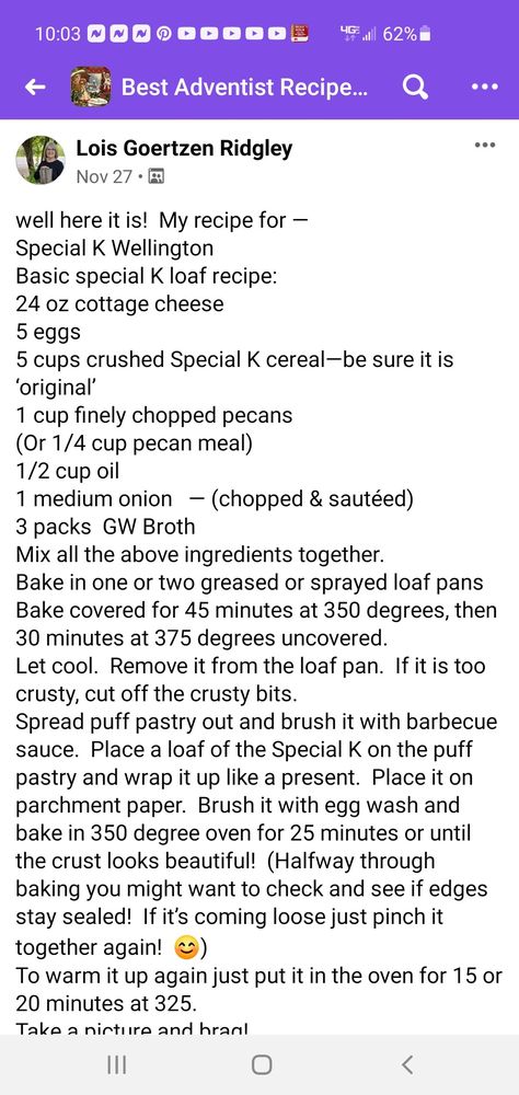 Special K Loaf Recipe, Adventist Recipes, Special K Cereal, Special K, Loaf Recipes, Loaf Pan, Chopped Pecans, Cottage Cheese, I Love Food