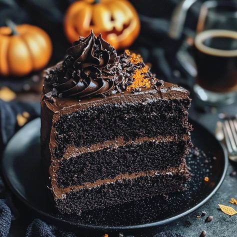 Get your Halloween party started with this Spooky Black Velvet Cake! 🎃👻 Perfectly dark and delicious!   Ingredients:  - 2 cups all-purpose flour - 1 ½ cups granulated sugar - ½ cup unsweetened cocoa powder - 1 teaspoon baking soda - ½ teaspoon baking powder - ¼ teaspoon salt - 1 cup buttermilk - ½ cup vegetable oil - 2 large eggs - 2 teaspoons vanilla extract - 1 cup strong brewed coffee, cooled - Black food coloring (optional) - Edible ghost or spider decorations (for topping) Black Velvet Cake, Black Velvet Cakes, Cake Halloween, Black Food Coloring, Spider Decorations, Spooky Black, Unsweetened Cocoa Powder, Black Food, Halloween Cake