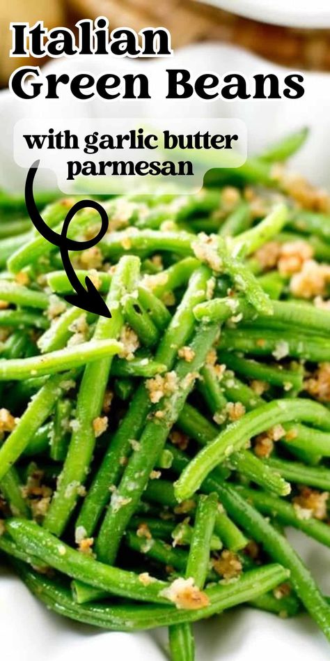 The simplest, most delicious way to eat green beans! These Italian Green Beans are sauteed in butter, bread crumbs and Parmesan cheese. Sauted Green Bean Recipe, French Green Beans Sauteed, Green Beans Italian Style, Green Vegetable Dishes, Frozen French Style Green Beans Recipe, Fresh Green Bean Recipes Skillet, Parmesean Green Beans, Italian Style Green Beans, Italian Green Beans Recipe