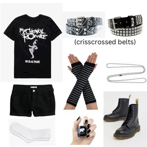 emo outfit Black And White Emo Outfits, Emo Mcr Outfits, Band Bracelets Emo, Emo Band Shirt Outfits, Black Emo Fan Merchandise Top, Emo Wristbands, Emo Outfit, White Lies, Emo Outfits