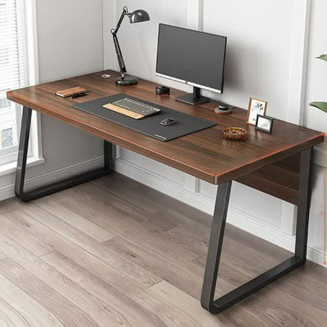 Meja Kerja Industrial, Desktop Table Ideas, Desktop Table Design, Dark Wood Desk Office, Desk Legs Ideas, Dark Walnut Desk, Walnut Computer Desk, Desk Measurements, Wooden Computer Table