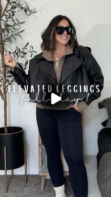 Nina Caviggiola • momhood & midsize style on Instagram: "Leggings inspire me. Comment “love leggings” and I’ll DM ya sizing and links to all.   This is the perfect fall outfit. I personally shopped my own closet and didn’t buy anything new for the look. I bet you can find leggings a sweatshirt and jacket in your closet too! (My leather jacket trick is to size up)   Socks are @717label and are phenomenal   Easy chic mom style, chic fall style, early fall outfit, midsize fall fashion, midsize fall outfit, leggings outfit, cozy outfit, mom outfit, millennial fashion." Jacket With Leggings Outfit, Fall Outfit Leggings, Fall Outfit Midsize, Chic Mom Style, Fall Fashion Midsize, Chic Fall Style, Midsize Fall Fashion, Chic Mom Outfits, Midsize Fall Outfits