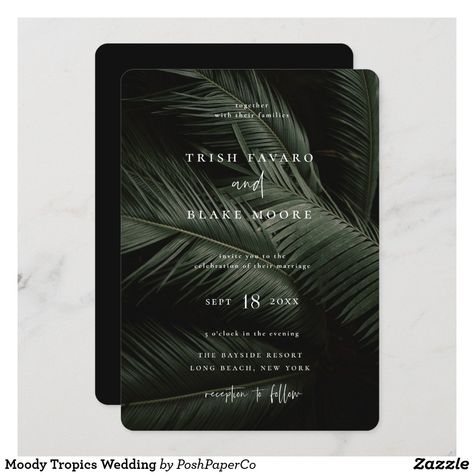 Moody Tropics Wedding Moody Tropical Wedding, Tropical Wedding Color Palette, Black Tie Invitation, Tiki Wedding, Palm Tree Wedding Invitations, Moody Tropical, Wedding Invitation Modern, Tropical Invitations, Costa Rica Wedding