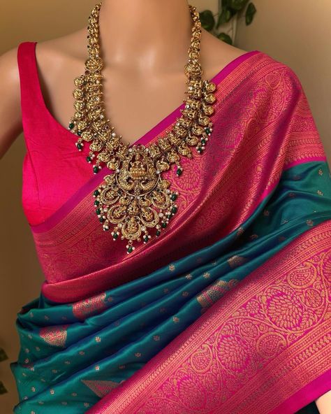 Www.Thejacouture.in > silk sarees > peacock green Art silk saree. . Peacock Green Art silk saree pink zari border and buttas all over saree. Comes with magenta pink blouse piece. Saree height: 48 inches. Saree length: 5.5 meters. Blouse: 80cm . Priced: 1600/- INR Normal wash. . Jewellery: @shopping_for_you_001 . #peacockgreen #peacockgreensaree #artsilk#artsilksarees #love #sareelove #india #sareeinspiration #fashion #sareelove😍 #indianwear #traditional #sareeday #indianwedding #sar... Peacock Green Blouse Designs, Peacock Green Saree Contrast Blouse, Peacock Green Blouse, Pink And Green Saree, Peacock Green Saree, Green And Pink Saree, Pink Pattu Saree, Contrast Saree, Half Saree Lehenga