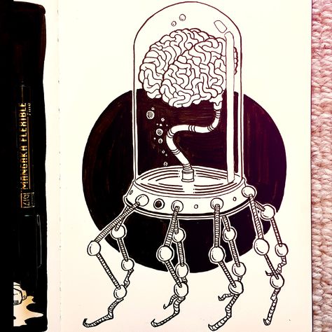 Robot Brain, Draw Challenge, Robot Tv, Black Horror, Monster Sketch, Brain Drawing, Robot Monster, My Monster, Monster Drawing