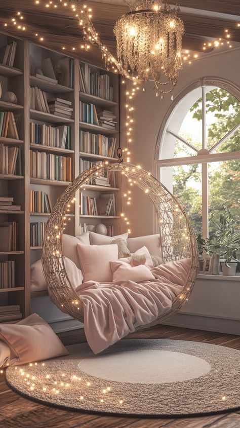 Step into a cozy fairytale with this dreamy reading nook! 🌿✨ A boho-inspired hanging chair draped in soft blankets, warm fairy lights, and an enchanting bookshelf wall—this is the perfect spot to escape into your favorite book 📖💫. Whether you love cottagecore, minimal boho, or hygge aesthetics, this space will spark your inspiration for the ultimate cozy home decor.

📍 Imagine curling up here with a cup of tea and getting lost in a magical story... 🍃💖

Save for home decor inspiration & bedroom goals! ✨ Hygge Aesthetics, Hanging Chair In Bedroom, Blankets Warm, Cozy Reading Corner, Bookshelf Wall, Waterfall Wall Art, Waterfall Wall, Minimal Boho, Chic Wall Art