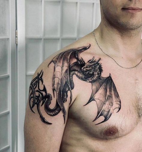 Dragon Over Shoulder Tattoo, Dragon Tattoo Shoulder Men, Man Tattoo Ideas Arm, Dragon Tattoos For Men Shoulder, Dragon Shoulder Tattoo For Men, Dragon With Wings Tattoo, Shoulder Dragon Tattoo, Dragon Chest Tattoo, Dragon Shoulder Tattoo