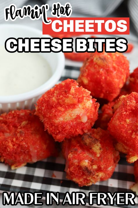 Serve up these spicy and crunchy air fryer hot Cheetos cheese bites. A Flamin' Hot Cheetos dusted cheese bite. An air fryer appetizer idea or snack. These pack some spice but will tickle those taste buds. Give this recipe a try for your gaming snacking, holiday entertaining or a treat to wake you up at that 2pm slump. Flamin Hot Recipes, Flaming Hot Cheetos Mozzarella Sticks, Hot Cheetos Pizza, Cheetos Recipes, Savory Dip Recipes, Spicy Cheetos, Cheetos Recipe, Tailgating Appetizers, Ramen Cheese