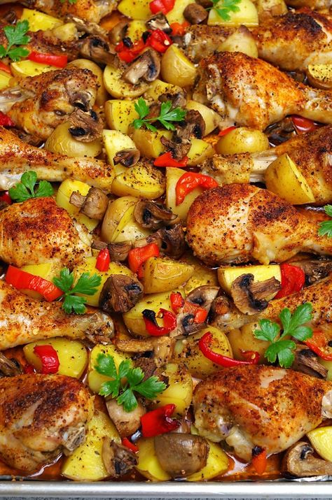 One Pan Baked Chicken Drumsticks with Potatoes and Veggies! Drumstick Casserole, One Pan Baked Chicken, Pan Baked Chicken, Pan Potatoes, Baked Drumsticks, Potatoes And Veggies, Red Potato Recipes, Oven Baked Chicken Parmesan, Chicken Breast Crockpot Recipes