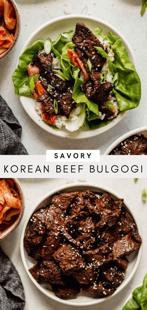 Sweet and savory Korean bbq! Thinly sliced beef gets marinated in a sweet and savory mixture then grilled until charred and caramelized. Served this incredibly satisfying meat in lettuce wraps with rice, kimchi and scallions. Or, make it a veggies bowl and serve it over rice with a variety of crunchy veggies. Wraps With Rice, Beef Bulgogi Recipe, Korean Beef Bulgogi, Korean Bbq Beef, 30 Minute Meals Healthy, Crunchy Veggies, Bulgogi Recipe, Beef Lettuce Wraps, Healthy Beef Recipes