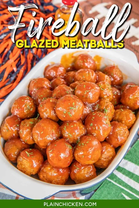 Fireball Glazed Meatballs - Plain Chicken March Madness Party Food, Honey Garlic Green Beans, March Madness Party, Plain Chicken Recipe, Red Pepper Jelly, Cinnamon Whiskey, Glazed Meatballs, Frozen French Fries, Plain Chicken