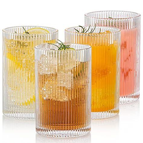 POLIDREAM Vintage Ribbed Glassware Set: 4pcs 16.9oz XL Drinking Glasses, Fluted Ripple Drinkware, Origami Style, Elegant Glassware for Whiskey, Cocktail, Iced Coffee, Juice, Beer, Soda Whiskey Soda, Ribbed Glassware, Clear Glass Tumbler, Whiskey Cocktail, Vintage Drinking Glasses, Whiskey Cocktails, Whiskey Glasses, Glass Cups, Bar Glassware