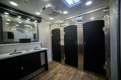 Gold Luxury Restroom Trailers | Luxury ... Bathroom Trailer, Restroom Trailer, Faux Marble Countertop, Portable Restrooms, Luxury Toilet, Portable Bathroom, Trailer Interior, Countertop Surfaces, Chrome Fixtures