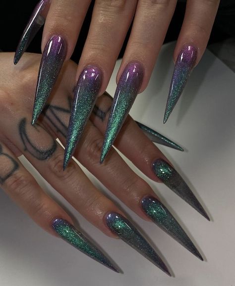 Capricorn Nails, Glitter Stiletto Nails, Simple Stiletto Nails, Black Stiletto Nails, Opal Nails, Neon Green Nails, Witch Nails, Glitter Stilettos, Long Stiletto Nails