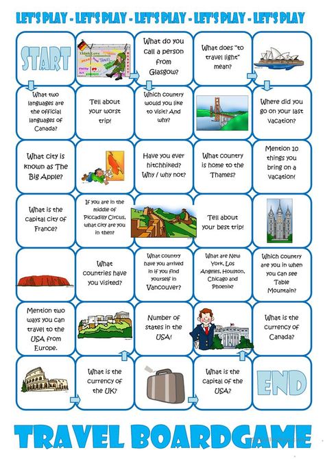 Travel Board Game - English ESL Worksheets for distance learning and physical classrooms Esl Board Games, Speaking Games, Grammar Games, Esl Games, English Games, Speaking Activities, Vocabulary Games, Teaching Jobs, Esl Worksheets