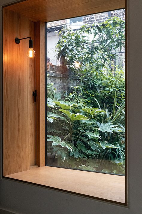 Glass Courtyard Garden, Courtyard Window Design, Square Window Seat, Shady Courtyard Garden, Garden Through Window, Oriel Window Seat Kitchen, Internal Courtyard Garden, Picture Window Ideas, Courtyard Extension