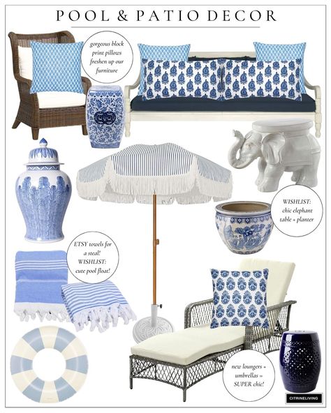 Our new pool and patio decor! Love these new pieces that will be featured by the new pool Blue And White Pool Decor, Navy Blue Outdoor Patio Decor, Backyard Pool Decor, Blue Patio Decor, Master Patio, Block Print Pillows, Country Patio, Tropical Bedroom, Pool And Patio