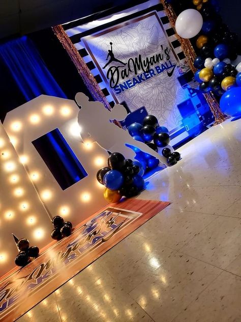 Blue Sneaker Ball Party, Sneaker Ball Decoration Ideas, Sneaker Ball Backdrop Ideas, Sneaker Ball Party Ideas For Men, Sneakerball Decorations, Sweet 16 Sneaker Ball Party Ideas, Sneaker Sweet 16, Sneakerball Party Ideas, Sneaker Theme Party Ideas