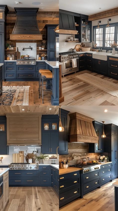 17 Gorgeous Kitchens with Two-Tone Kitchen Cabinets - TrendyDesign Colour Of Kitchen Cabinets, Craftsman Kitchen Island Ideas, Kitchen Remodel Cabin, Paint And Stain Combinations Kitchen Cabinets, Blue And Maple Kitchen Cabinets, Grey And Navy Kitchen Ideas, Wood Cabinets Blue Island, Smokey Blue Cabinets Kitchen, Navy And Natural Wood Kitchen