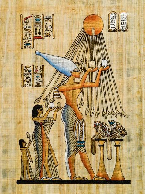 Aten (also Aton, Egyptian jtn) is the disk of the sun in ancient Egyptian mythology, and originally an aspect of Ra. The deified Aten is the focus of the monolatristic, henotheistic, or monotheistic religion of Atenism established by Amenhotep IV, who later took the name Akhenaten in worship and recognition of Aten. In his poem "Great Hymn to the Aten", Akhenaten praises Aten as the creator, and giver of life. http://en.wikipedia.org/wiki/Aten Egyptian Nails, Egyptian Artwork, Ancient Egypt Pharaohs, 3 Daughters, Gods Of Egypt, Bizarre Facts, Queen Nefertiti, Egypt Art, Tutankhamun