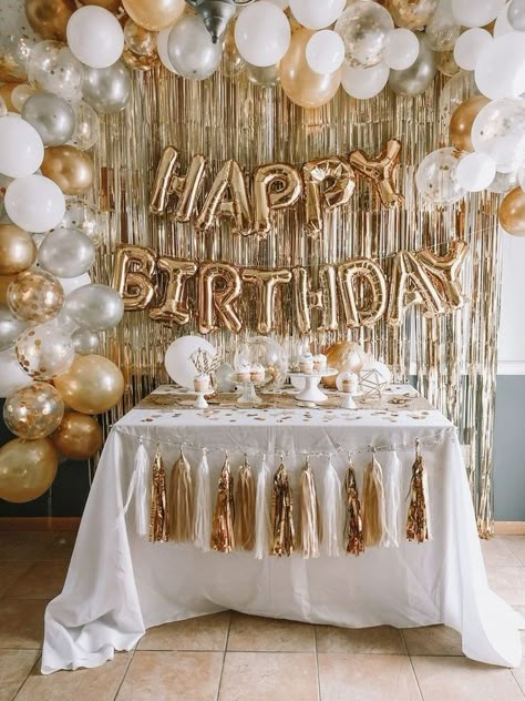 White And Gold Balloons, Surprise Birthday Decorations, 18th Birthday Decorations, Simple Birthday Decorations, 21st Birthday Decorations, Happy Birthday Lettering, Birthday Party Theme Decorations, Gold Birthday Party, Golden Birthday