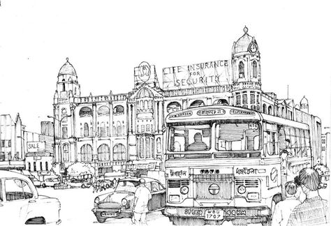 A drawing of central Kolkata (Calcutta) with the ubiquitous Ambassador cars and Tata buses. The WB licence plates stand for West Bengal, the state Kolkata is in. It's the little details I like. Kolkata Drawing Sketch, Kolkata Drawing, Kolkata Sketch, Kolkata City Drawing, Licence Plates, Bengali Art, Architecture Drawing Sketchbooks, Perspective Drawing Architecture, Boho Art Drawings