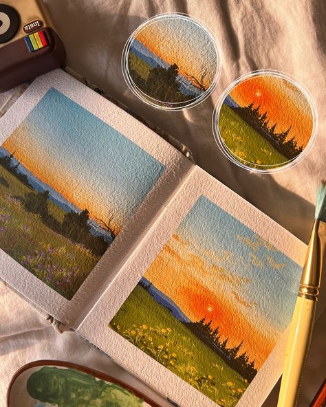 Chasing golden horizons ❤️‍🩹🌻 Used @miyahimi.india gouache paints from @thoovi.arts Worked on @creatingfromtheheartstore sketchbook ( gouache art, easy art, sunset painting, sunset aesthetics, sunset art, easy gouache art, easy painting, gouache artwork, gouache illustration ) Tags 🏷️ #gouachepainting #gouachepaint #gouacheillustration #gouachelandscape #gouacheartist #easyartwork #easyart #gouacheartist Gouache Art Easy, Easy Watercolour Ideas, Landscape Paintings Aesthetic, Golden Acrylic Painting, Easy Gouache Painting Ideas, Gouache Studies, Art Easy Painting, Easy Gouache Painting, Fantasy Nature Art