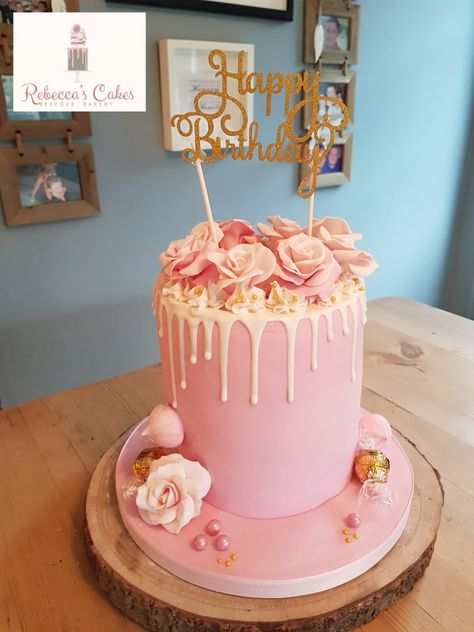 Simple Drip Cake Ideas, Simple Drip Cake, Drip Cake Ideas, Pink Drip Cake, Tiered Cakes Birthday, 21st Cake, Fondant Rose, 60th Birthday Cakes, 21st Birthday Cakes